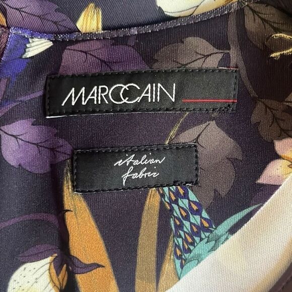 Marc Cain Purple Floral Bird Faux Leather Trim Dress Pockets US 12 N5 NWT $440 - Picture 9 of 12